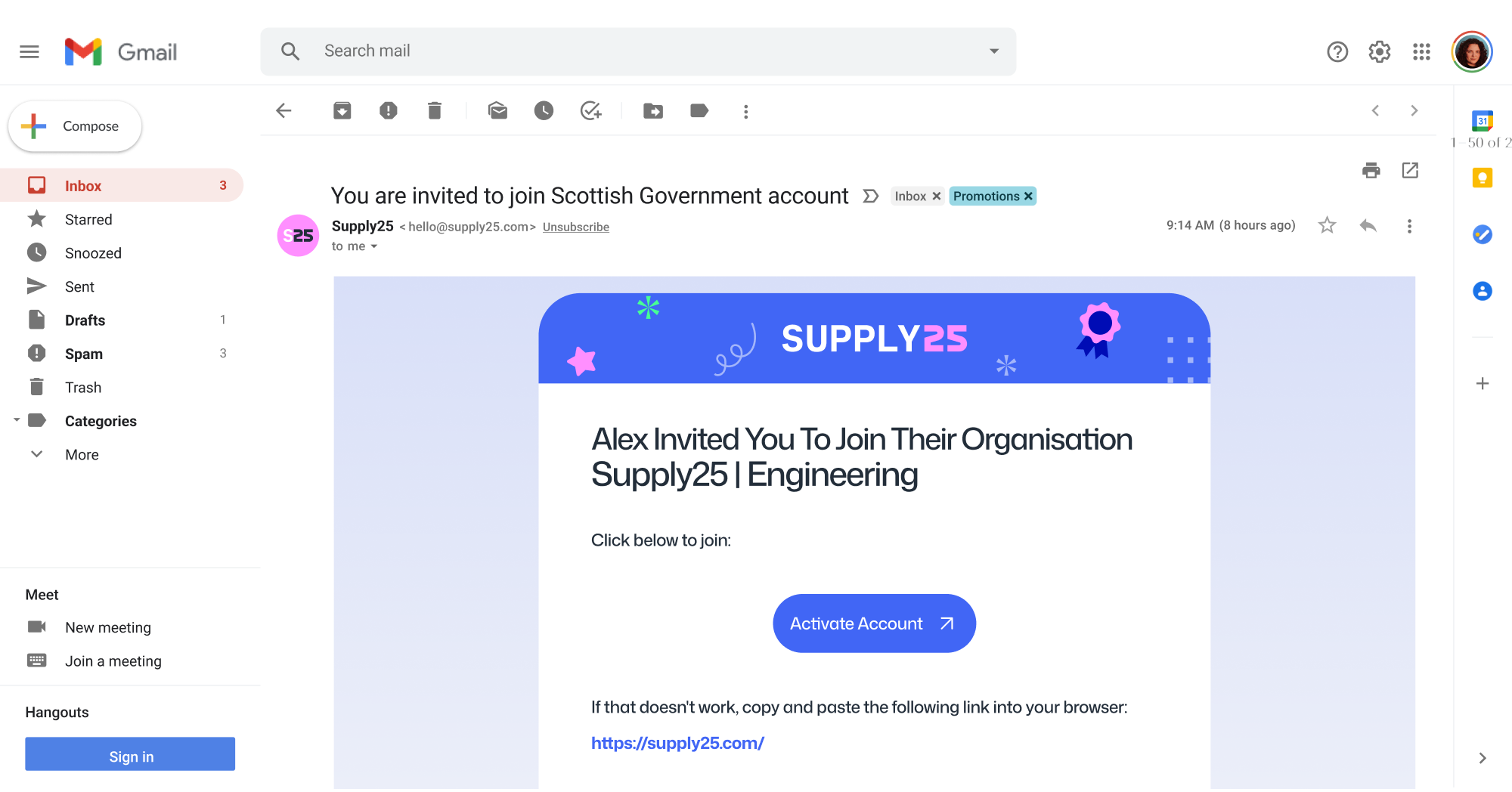 A Supply25 invite email, showing the Activate Account link.